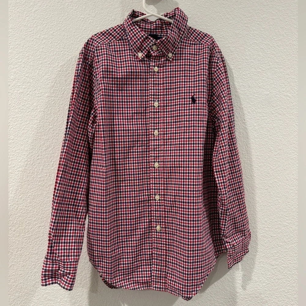 Ralph Lauren Boys Plaid Button Down Collared Logo Red White Blue Shirt Medium